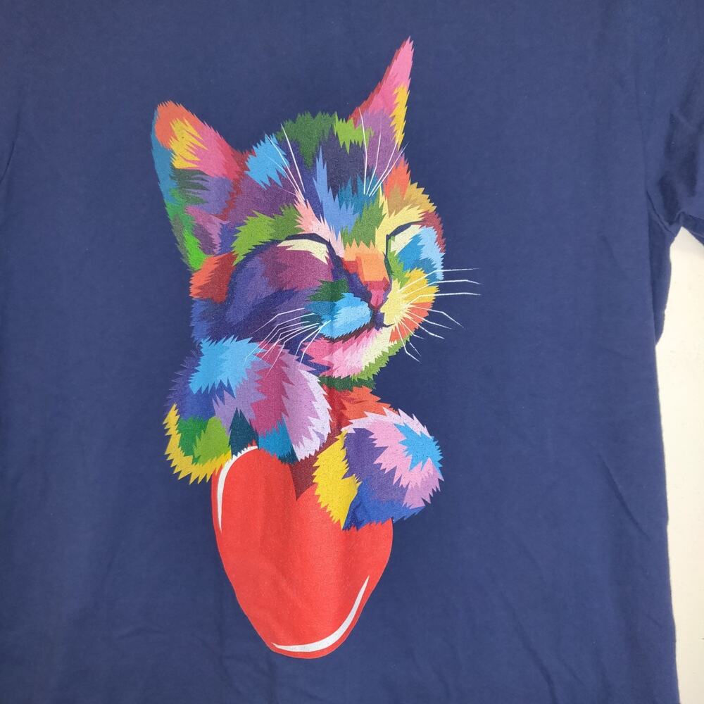 Cat Kitten Tshirt Top Port Company XXL Art To Wear Rainbow Colors Navy Blue - Picture 2 of 14